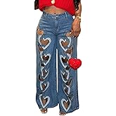Famnbro Womens Ripped Jeans Heart Cutout Baggy Y2k High Waisted Straight Wide Leg Sexy Denim Pants