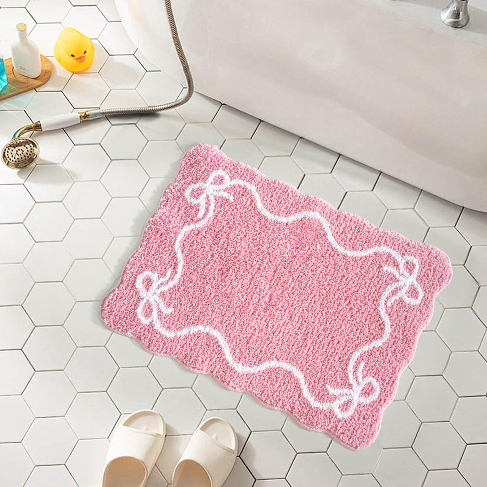 Photo 1 of Mocsicka Pink Bow Bath Mat Cute Bow Bathroom Rug Super Soft Absorbent Bathroom Rugs Non Slip Bath Mat Machine Washable Rug for Bathrooms 16x24 inches (Pink, 40x60cm)