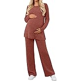 Sweetyweee Women's Maternity Pajamas Sets 2 Piece Outfits Ribbed Long Sleeve Round Neck Tops Pants Pregnancy Loungewear