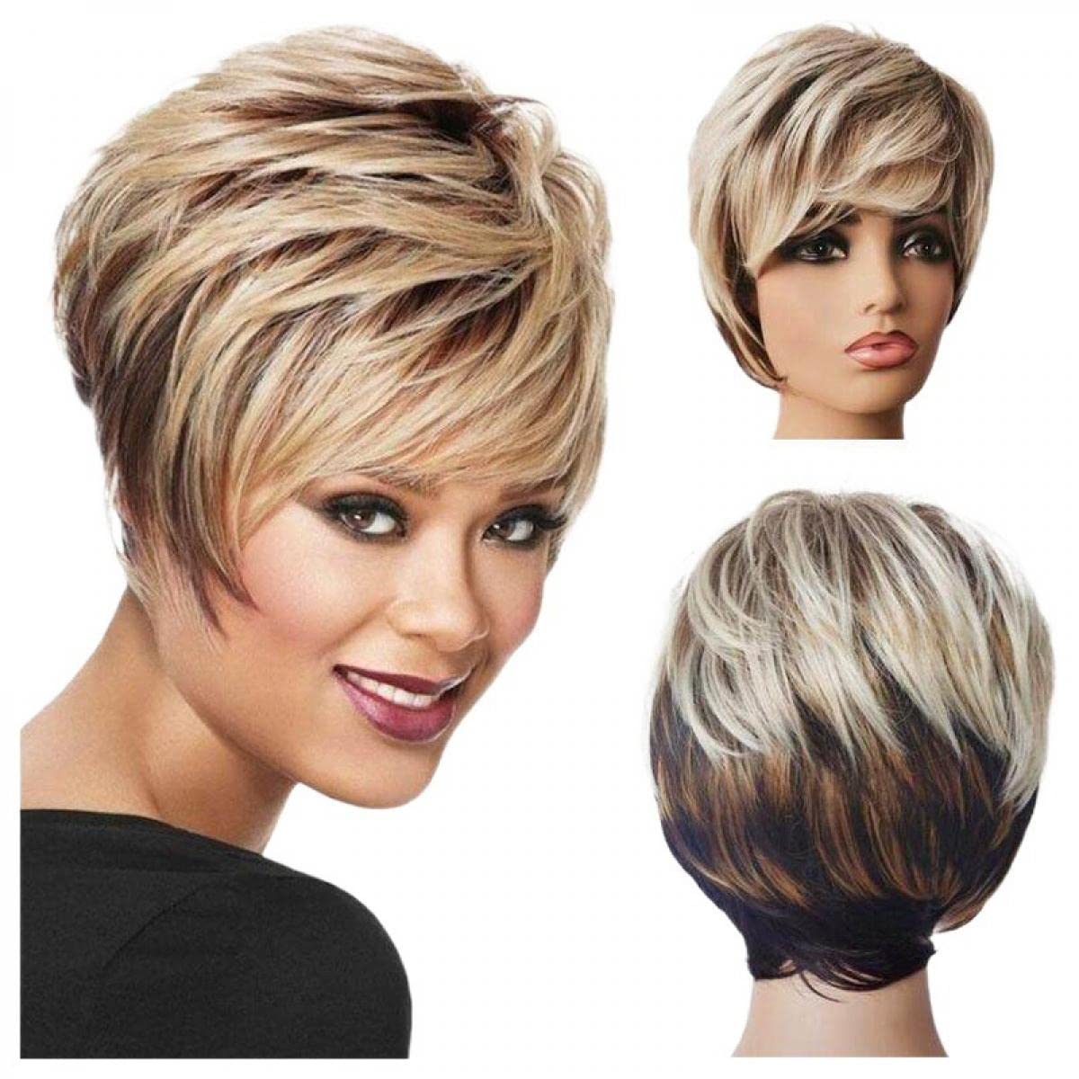 Women's Golden Short Straight Hair Wig, Fluffy Golden Mixed Color Gradient Fringe Short Curl Wig, High-temperature Silk Wig