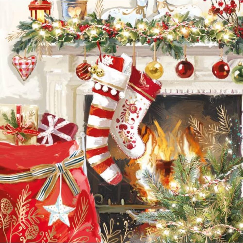 Xmas Stockings by the Fireplace - Ling Design Water Colour Art Charity Christmas Cards - Pack of 6 Xmas Cards - Set B (Winter Warmers)