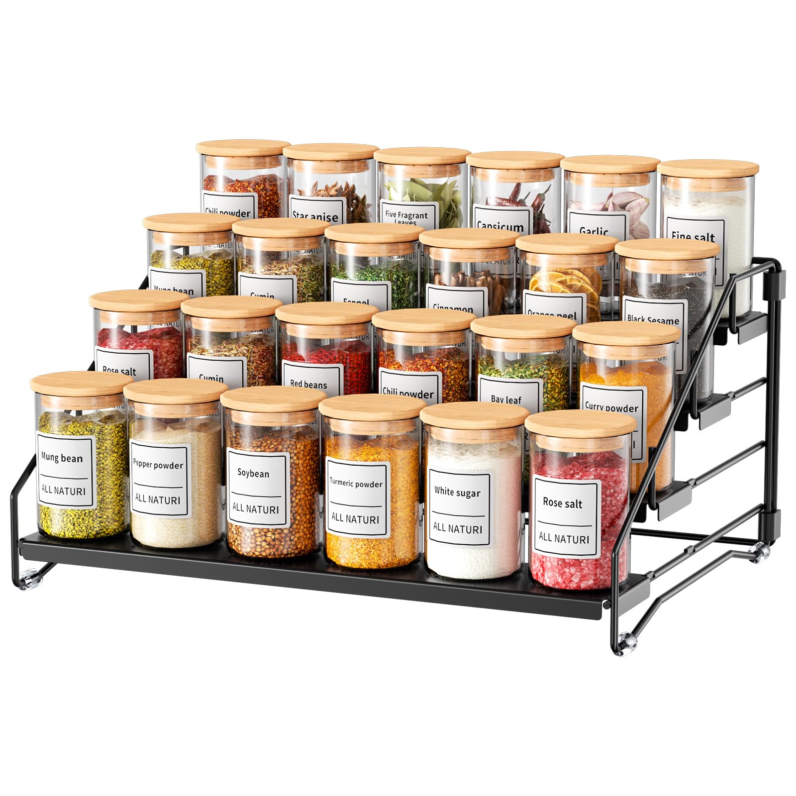 MAYZOLOP 4 Tier Spice Rack, Kitchen Cupboard Organiser, Black Detachable Kitchen Shelf Organiser, Metal Spice Holder, for Inside Cupboard, Pantry, Countertop, Width 34cm