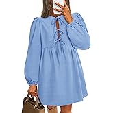 ZESICA Women's Dress Fall Long Puff Sleeve Self Tie Front Babydoll A Line Pleated Cute Mini Tunic Dresses 2026