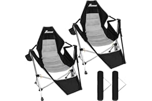 Romswi 2Pk Aluminum Hammock Camping Chair with Footrest, Oversized Portable Swinging Chair with Adjustable Back & Seat, Lightweight Folding Rocking Camp Chair Supports 440lbs for Outdoor, Patio Black