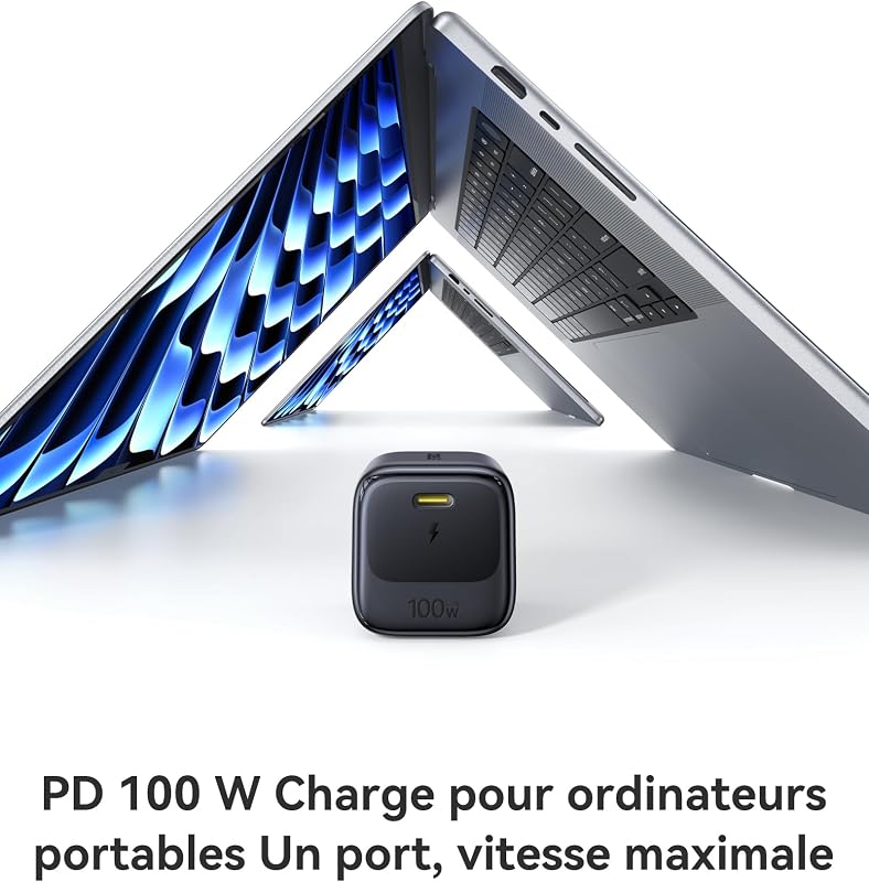 Enerfill Chargeur USB C 100W, Chargeur Rapide PD Compact, Chargeur GaN pour MacBook Pro/Air, iPad Pro, iPhone 17/16/15, Samsung Galaxy S25/S24, Ordinateur Portable (câble USB-C 1m Inclus)