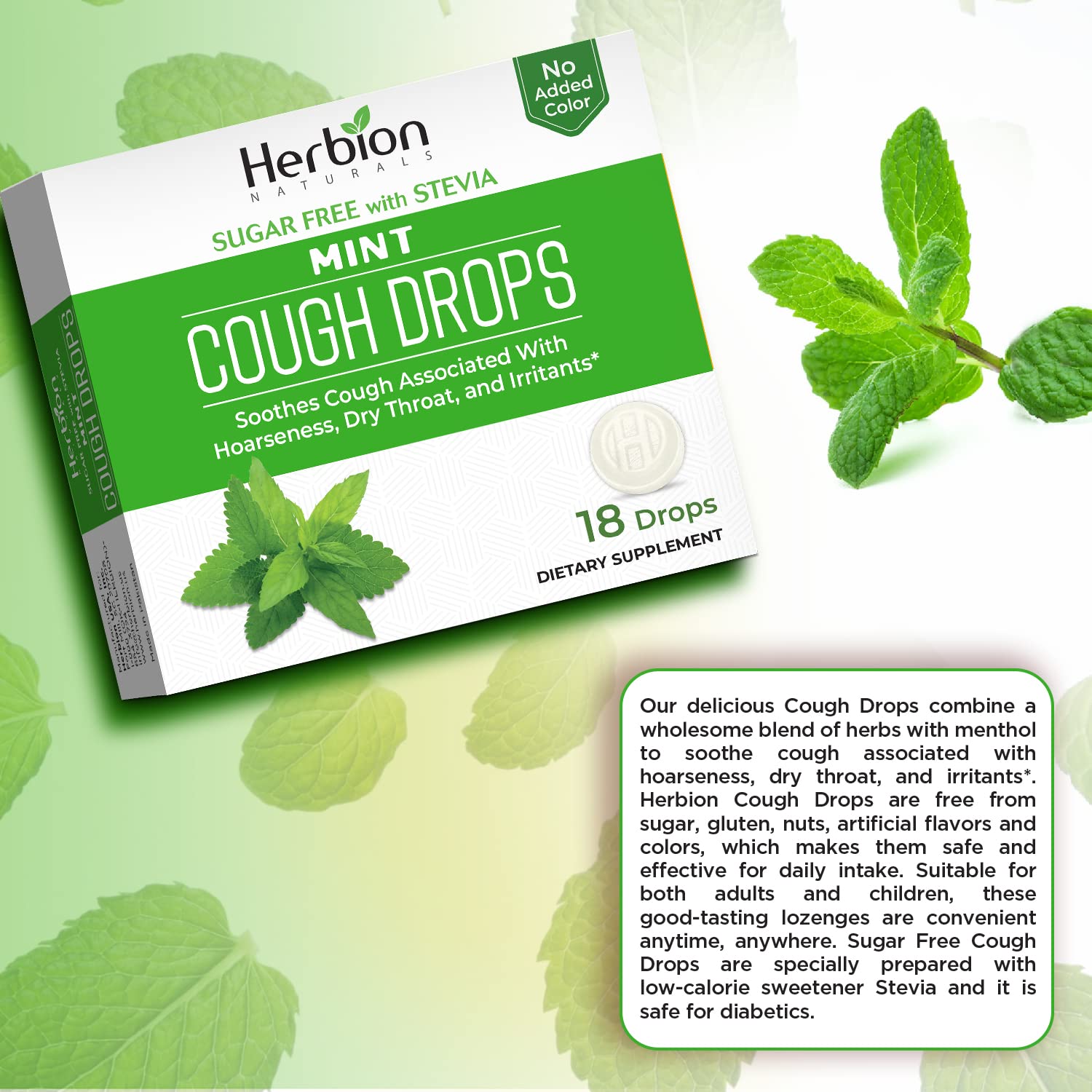 HERBION Naturals Cough Drops, Sugar Free with Stevia, Dietary Supplement, Soothes Cough, for Adults & Children Over 6 Years, 18 Count, Mint, Pack of 1