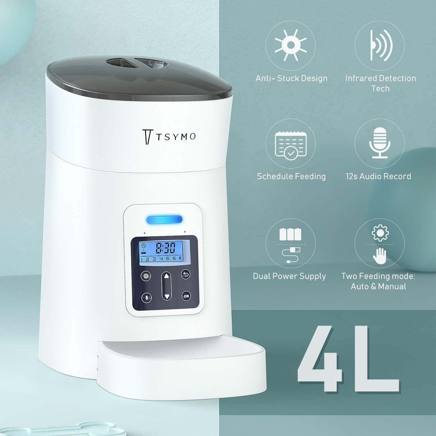 Pet Supplies : TSYMO Automatic Cat Feeder - 1-6 Meals Auto Dog Food Dispenser with Anti-Clog Design, Timer Programmable, Voice Recording & Portion Control for Small & Medium Pets (4 L White) : 