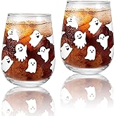 Whaline 2Pcs Halloween Stemless Wine Glasses 17oz White Ghost Drinking Glasses Clear Cute Boo Tumbler Cups for Halloween Party Supplies