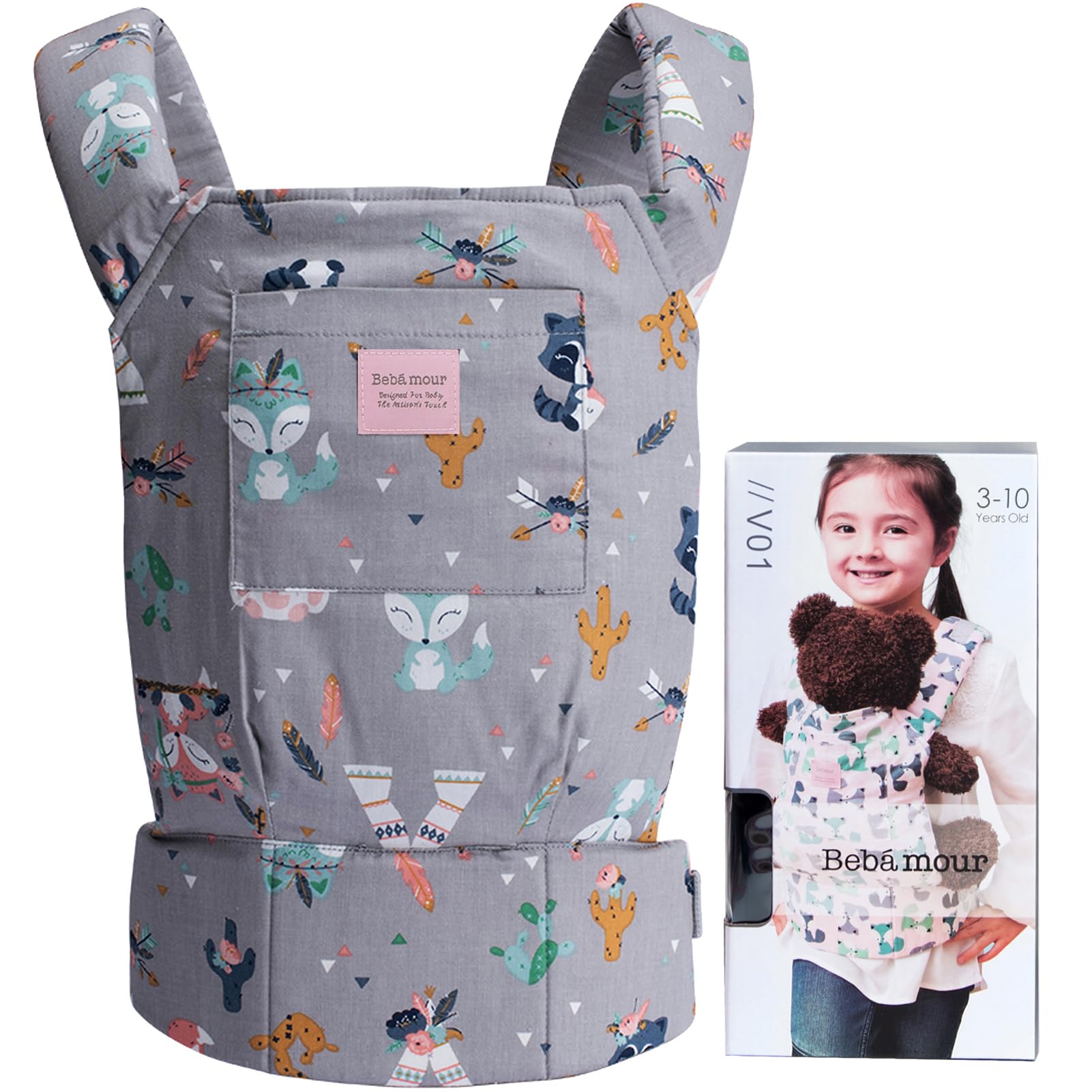 Bebamour Baby Doll Carrier for Kids Baby Doll Accesorries Storage Bag Backpack Stuffed Toys Carrier Doll Baby Carrier, Grey Animal — image 1