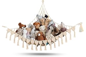 Abby Baby Extra Large Stuffed Animal Hammock with LED Lights 100% Natural Cotton Macrame Toy Storage Net for Plushies & Squishmallows Boho Macrame Corner Organizer for Kids’ Room or Nursery (Beige)