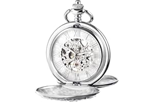 TREEWETO Men's Mechanical Skeleton Pocket Watch for Mens Women Blue Roman Numerals Dial Double Case Pocket Watches