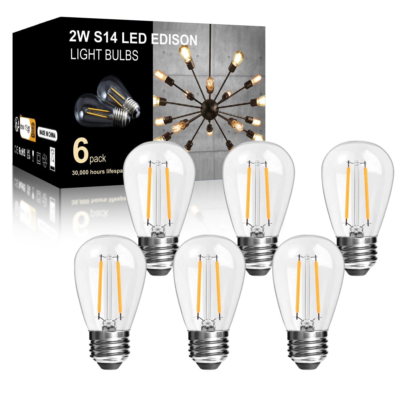 LangPlus+ 6 Pack 2W S14 LED Plastic Light Bulbs, E27 Base 2700K Warm White Shatterproof LED Edison Light Bulbs for Outdoor String Lights, Non- Dimmable 2W Equivalent to 20W Incandescent Bulb
