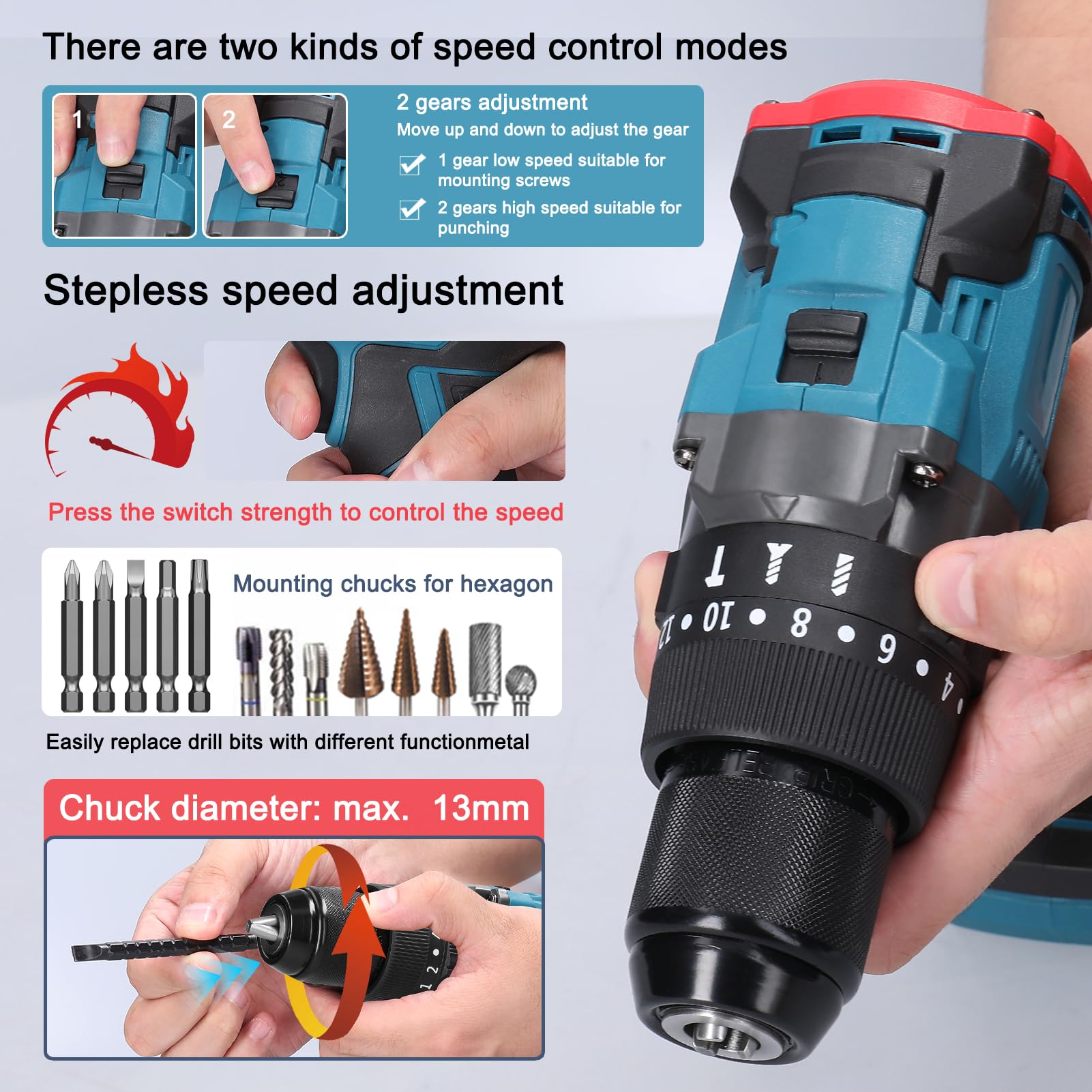 Hand Drill, 0.5 inch (13 mm) High Torque Multifunctional Electric Cordless Drill High Power Rechargeable Hand Drill Brushless Motor Household DIY Power Tools
