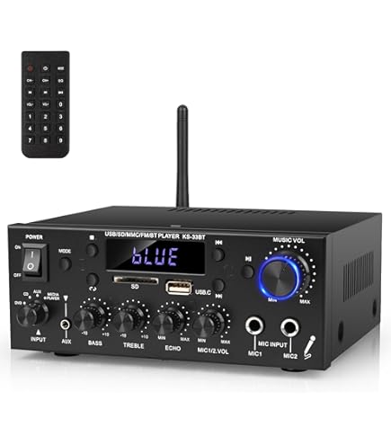 Amplificateur Bluetooth 5.0 Mini 60W X2 – Stéréo 2.0 Canaux, Radio FM, USB/SD, Entrées Micro – Idéal Home Cinéma, Karaoké, Fêtes à La Maison