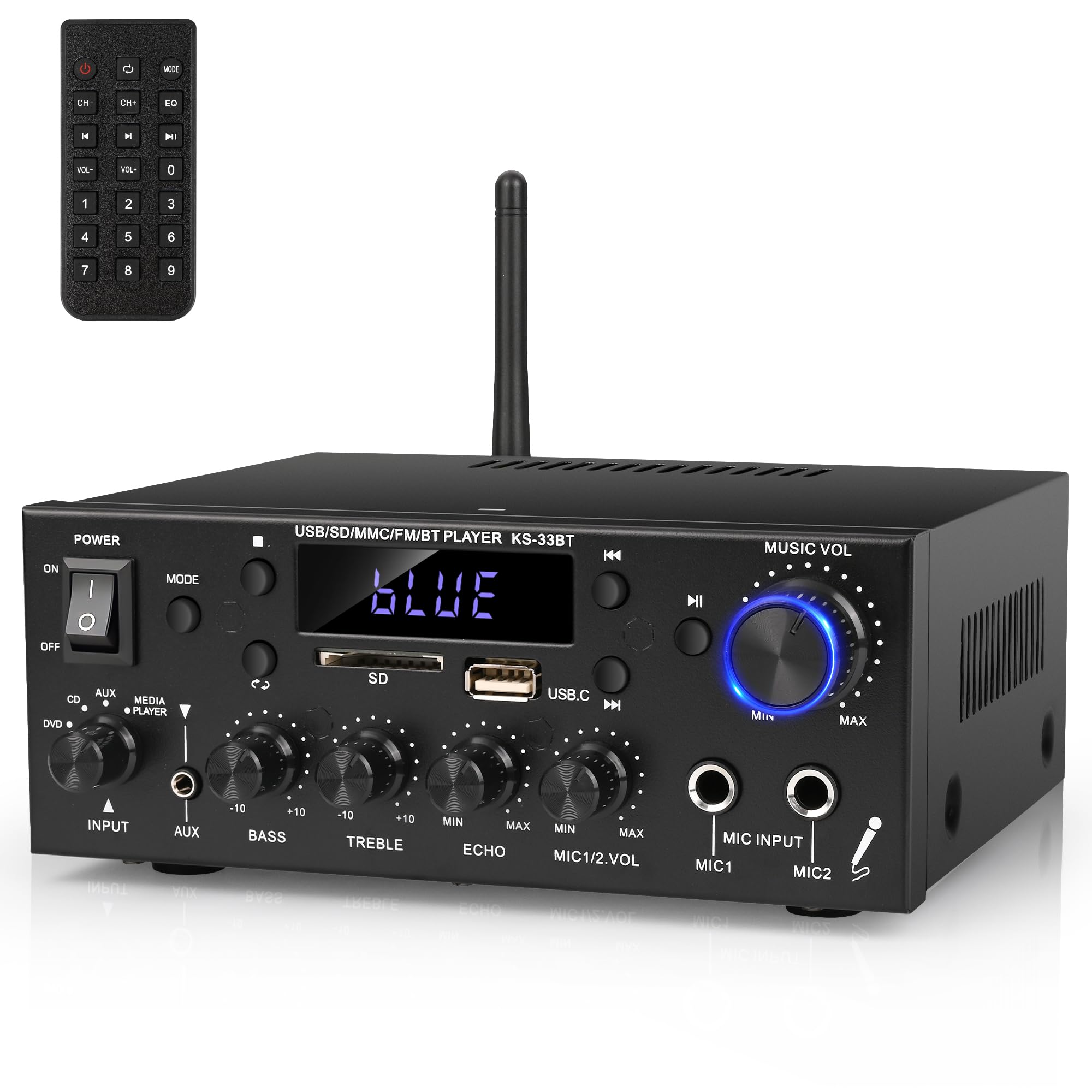 Photo 1 of Romica Stereo Audio Amplifier, 2 Channel 500W Bluetooth 5.0 Home Theater Power Amplifier with FM, Echo, AUX, USB, SD, MIC Inputs, HiFi AMP for Passive Speakers and Active subwoofer