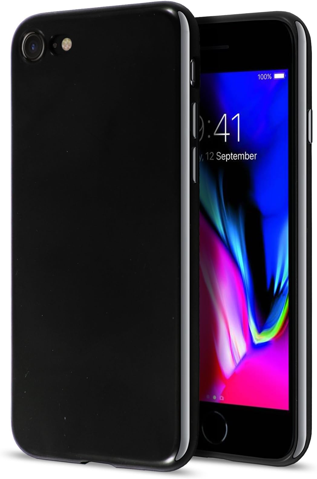 CaseTek iPhone 8 Black Case, Gloss Jet Black Silicone Case and Screen Protector for iPhone 8 and iPhone 7 Cover [Black][4.7"], TM
