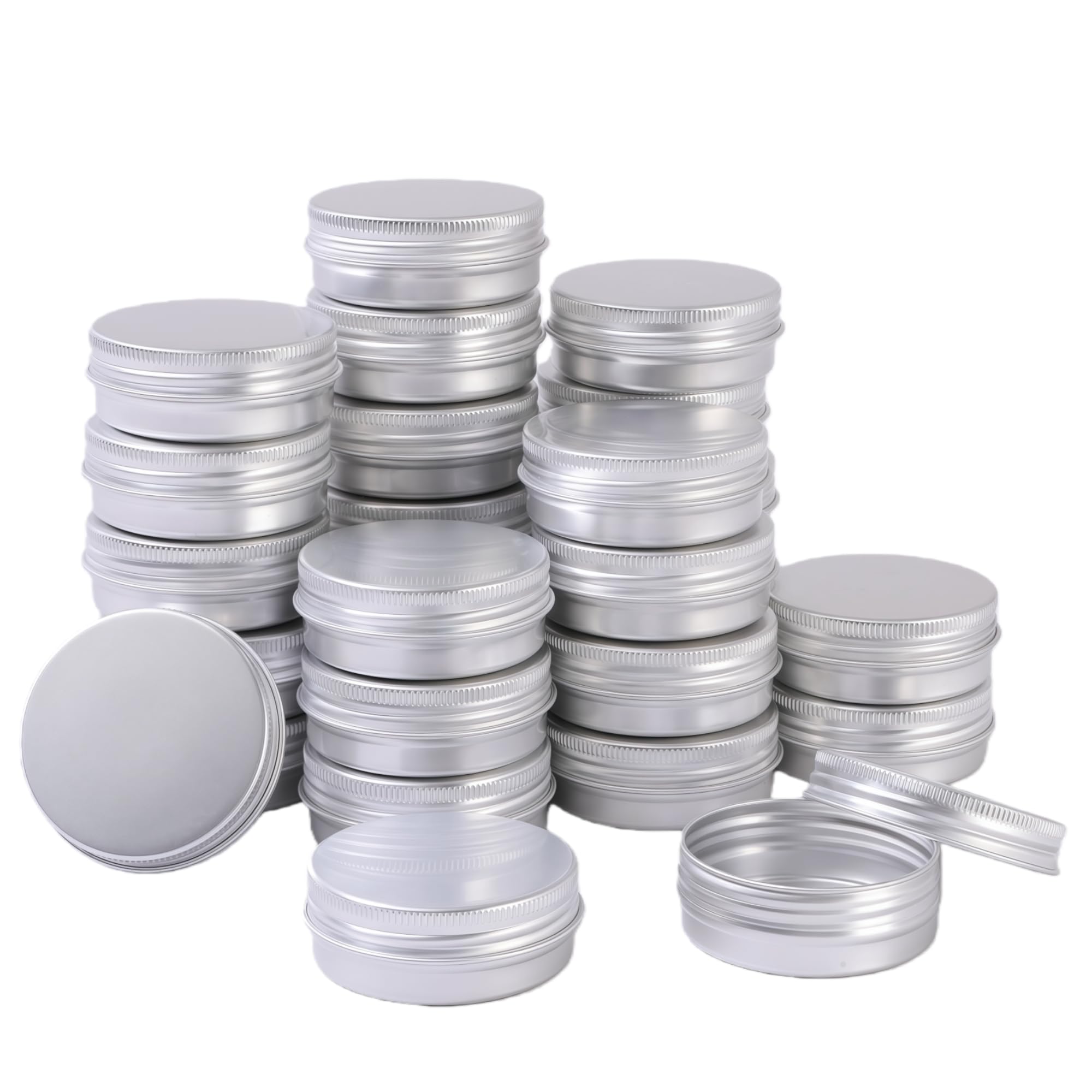 LJY 28 Pack Round Silver Aluminium Tins with Screw Lids 30mL (1 fl oz) – Small Metal Containers for Lip Balm, Salves, Crafts and Travel Storage, Refillable Sample Pots