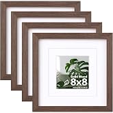 Egofine 8x8 Picture Frames Made of Solid Wood with Plexiglass, Display Pictures 4x4/6x6 with Mat or 8x8 Without Mat Set of 4 for Tabletop and Wall Mounting, Brown