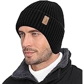Wmcaps Fleece Lined Winter Beanie with Earflap for Men Women - Windproof Thermal Knit Hat for Cold Weather