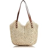 Wtyssn Beach Bags for Women with Zipper, Large Straw Bag Woven Tote Bag Straw Shoulder Bag for Summer Vocation