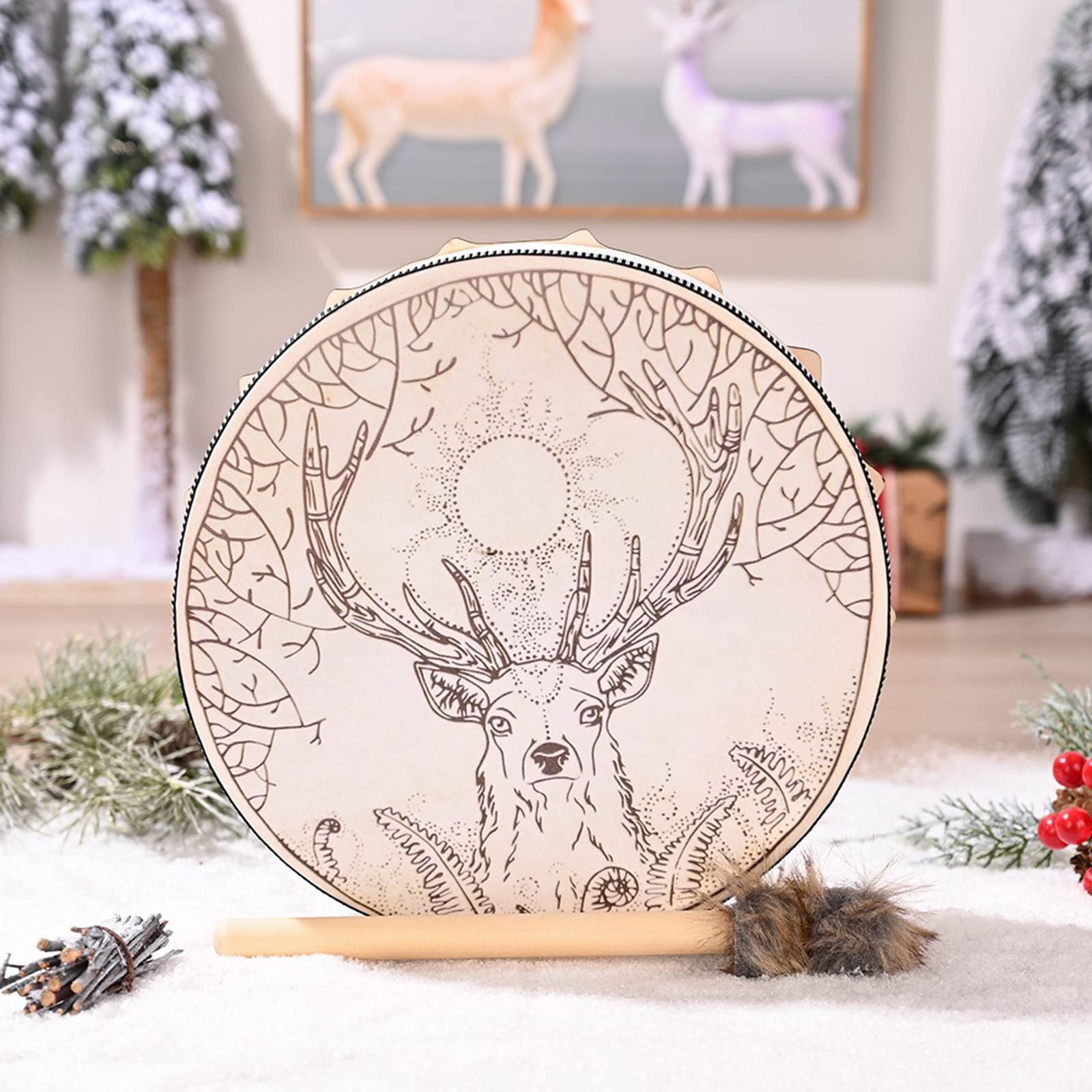 MISNODE Handmade Shaman Moon Drum, Elk Skin, 9.8 in with Drum Stick