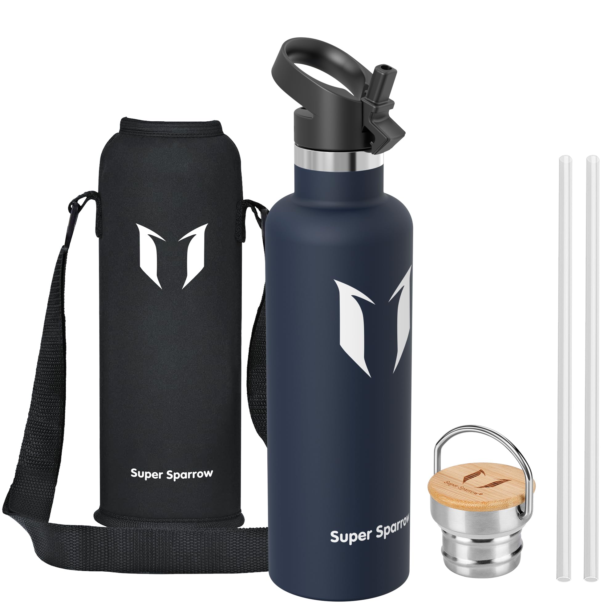 Super Sparrow Water Bottle Stainless Steel - 1000ml - Insulated Metal Water Bottles - Standard Mouth Flask - BPA Free - Straw Bottle for Work, Gym, Sports - 2 Lids
