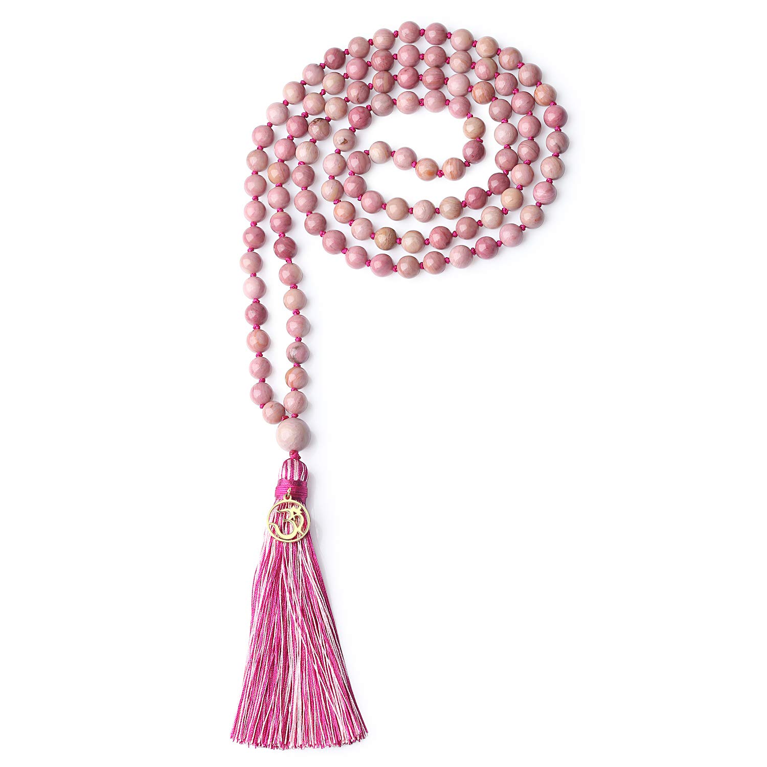 COAI OM Charm Hand Knotted Tassel 108 Mala Beads Rhodonite Stone Stone Beaded Necklace 6mm