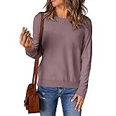 YZEGGO Fall Sweaters for Women 2025 Crew Neck Long Sleeve Crochet Pullover Sweater Tops Lightweight Ribbed Knit Pullover