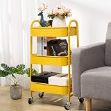 DOEWORKS 3 Tier Storage Trolley on Wheels Yellow Metal Cart 70cm 15kg per tier view 3