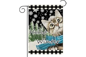 BYGFHLYW Hello Winter Garden Flags 12x18 Double Sided for Outside,Winter Yard Flag,Cat Small Garden Flag House,Lawn Outdoor Decor