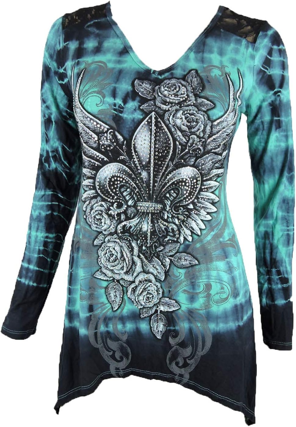 SugarRock Women Shark Bite Lace Shirt Tie Dye L/s Tribal Cross Fleur Rhinestone