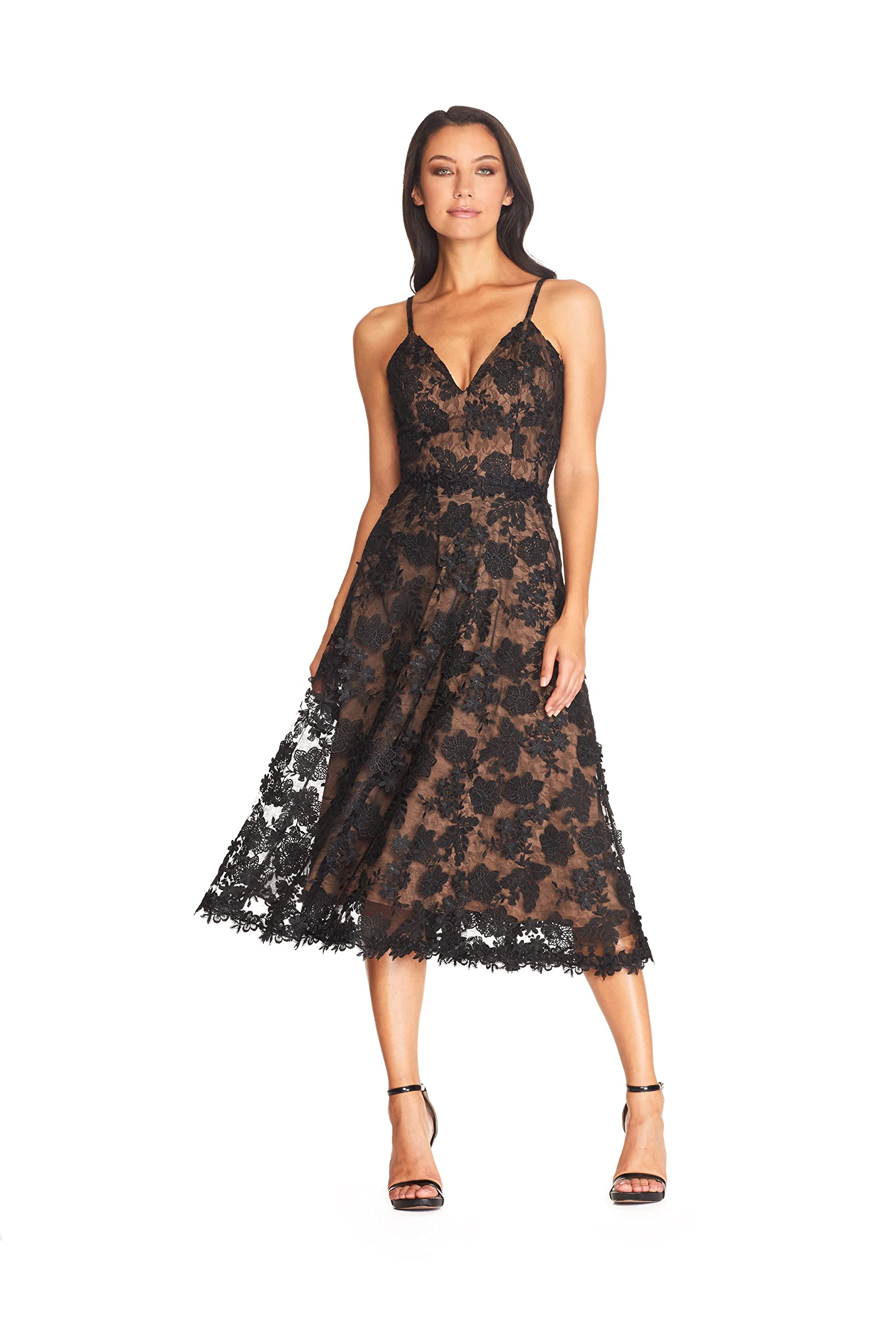 Photo 1 of Dress the Population Womens Tahani Plunge Neckline Fit and Flare Midi, Black/Nude, Large US
