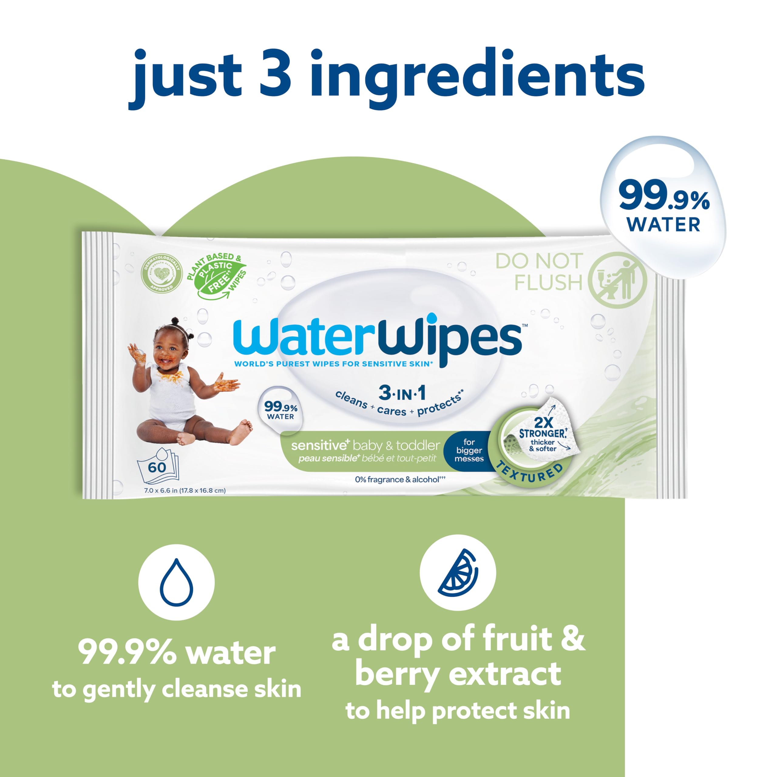 WaterWipes Sensitive+ Baby & Toddler Wipes, 3-In-1 Cleans, Cares, Protects, 99.9% Water, Textured Clean, Unscented & Hypoallergenic, 720 Count (12 Packs)