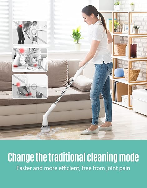 LYRIFINE ELECTRIC SPIN SCRUBBER, ELECTRIC CLEANING BRUSHES WITH EXTENDABLE HANDLE AND 4 REPLACEABLE BRUSH HEADS, ELECTRIC SCRUBBER WITH 1.5 HRS LONG WORKTIME FOR SHOWER BATHROOM TUB TILE FLOOR,WHITE