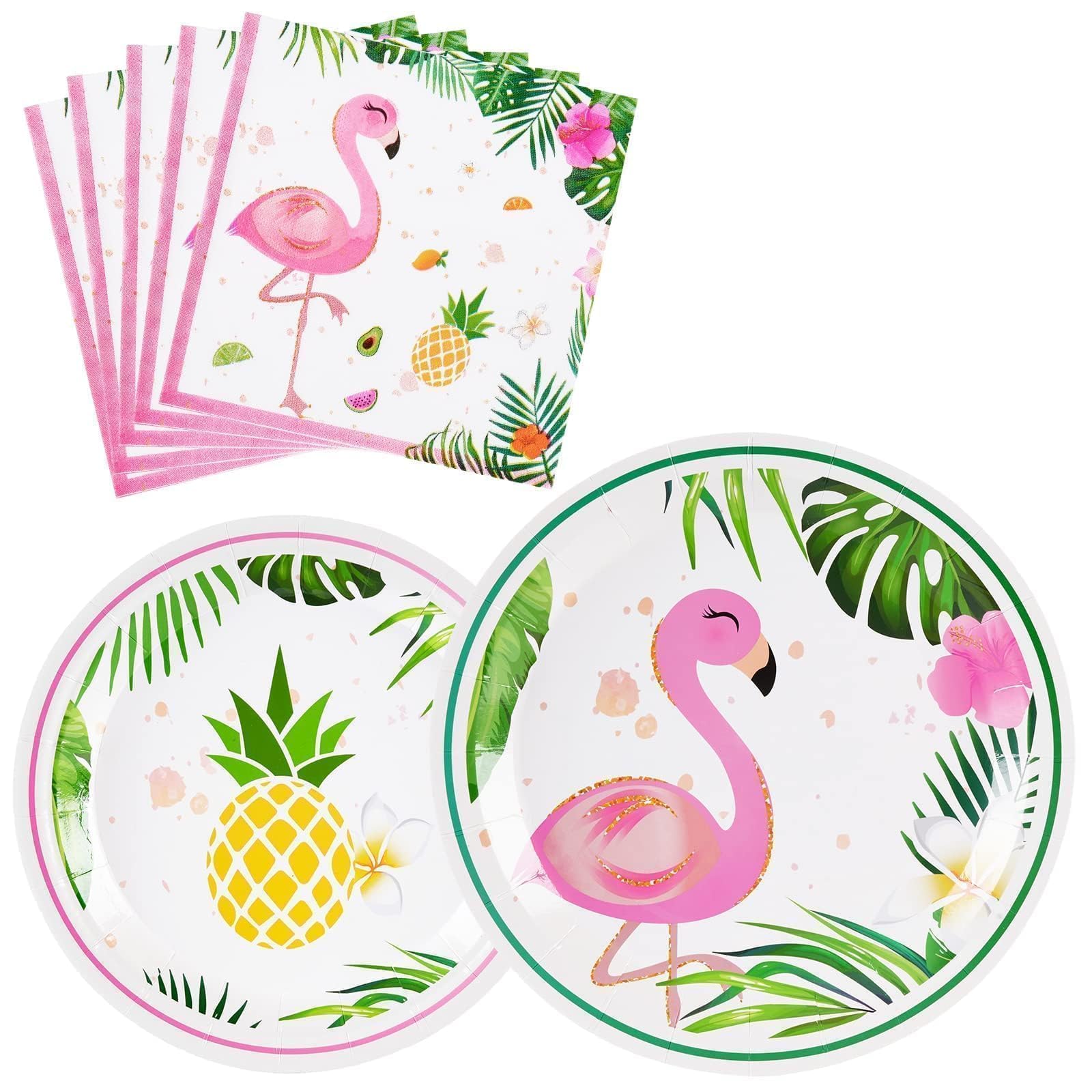 WERNNSAI Flamingo Party Supplies - 48PCS Luau Summer Hawaiian Luau Themed Tableware Set for Girl Kids Birthday Pink Dinner Dessert Plates and Napkins for Tropical Pool Party Decoration Serves 16 Guest