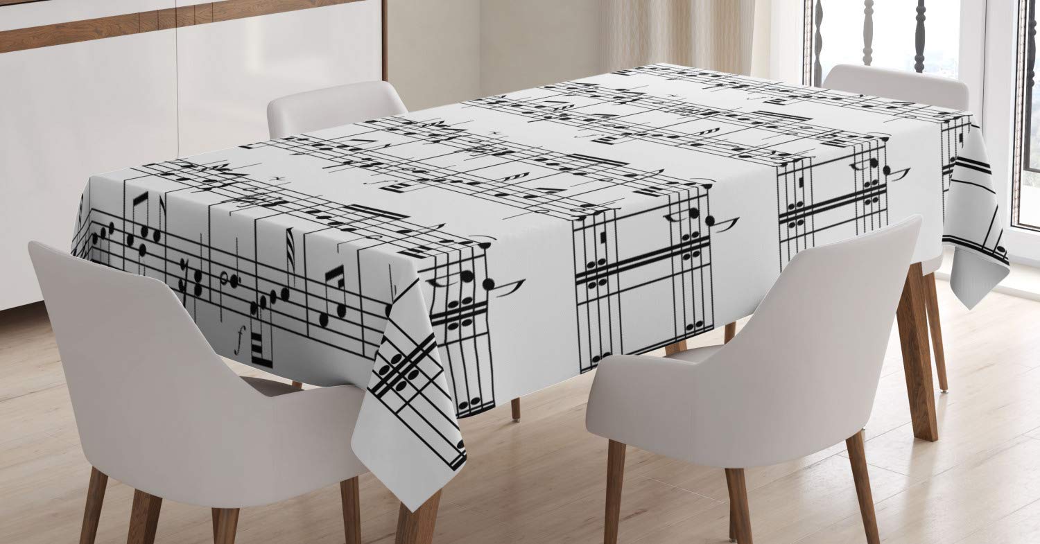 ABAKUHAUS Music Tablecloth, Musical Notes on the Clef Illustration Ornamental Pattern Artwork Print, Dining Room Kitchen Table Cover, 54" x 94", White and Black