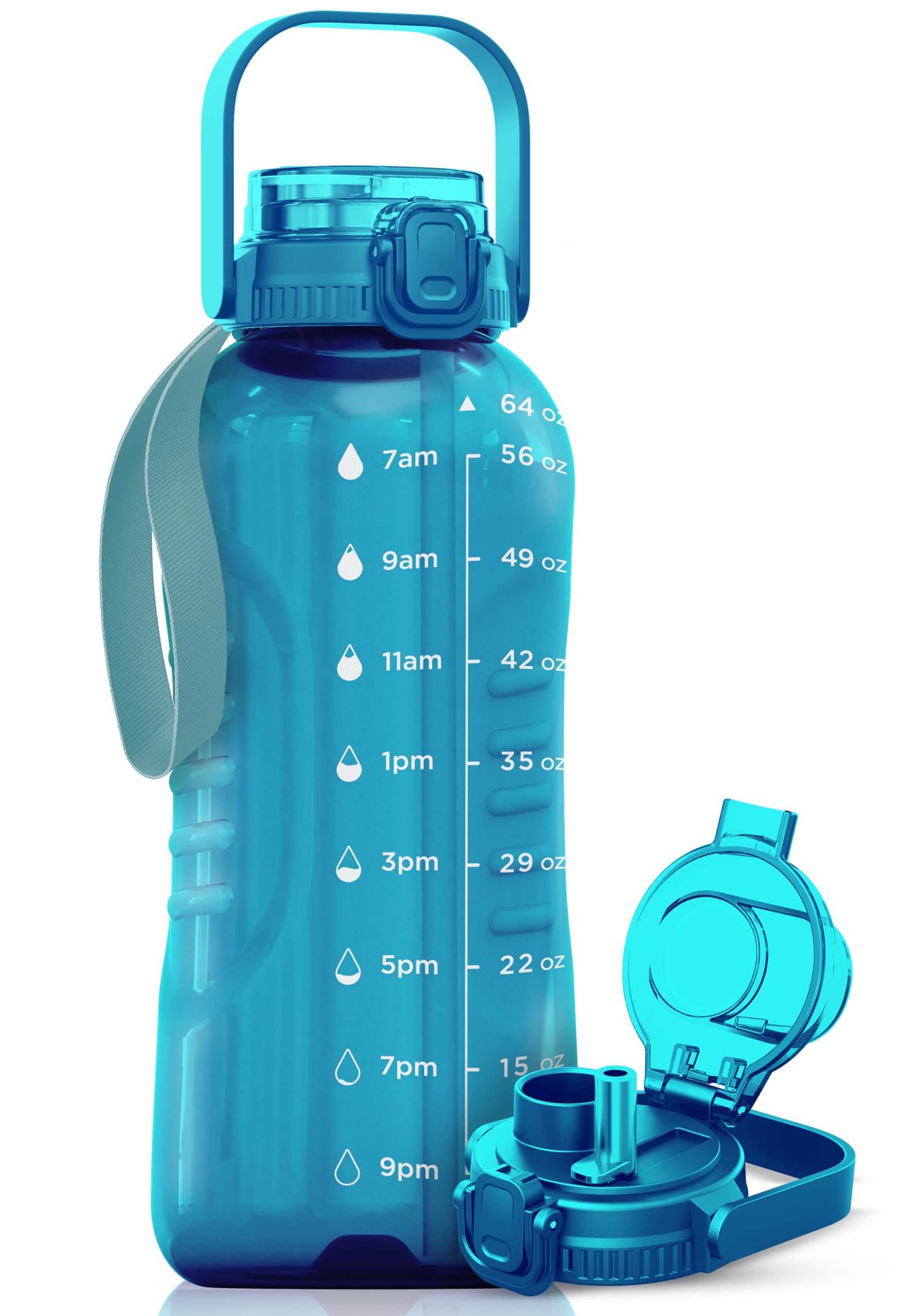 Photo 1 of AQUAFIT 64 oz Water Bottle with Time Marker - 2in1 Straw & Chug Lid - BPA Free Big Water Bottle with Straw - Gym Water Bottle with Strap - Water Jug (64 Ounces, Aqua)