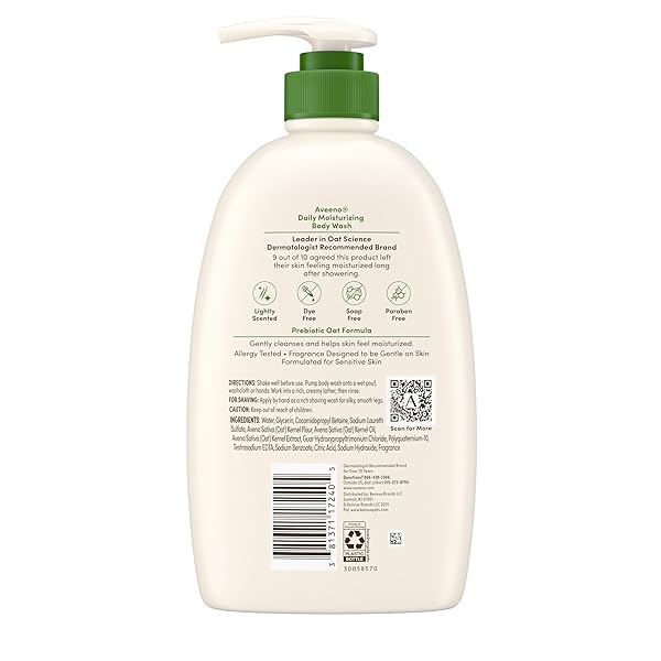 AVEENO DAILY MOISTURIZING BODY WASH FOR WOMEN AND MEN FOR DRY & SENSITIVE SKIN, PARABEN, SOAP & DYE-FREE, GENTLE SHOWER CLEANSER, DERMATOLOGIST RECOMMENDED BRAND, LIGHTLY SCENTED, 33 FL OZ