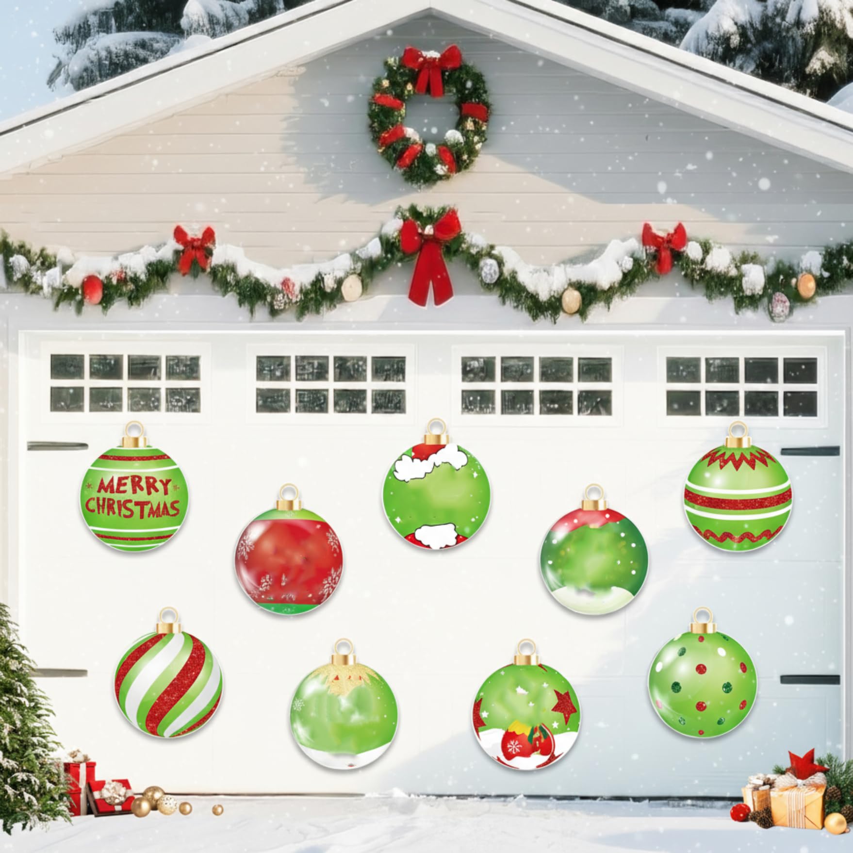 Photo 1 of 11-Inch Christmas Garage Door Decorations Magnets, 9pcs Merry Grinchmas Ball Garage Magnet Stickers, Magnetic Christmas Ornament Decals for Car Refrigerator Indoor Outdoor Holiday Decor