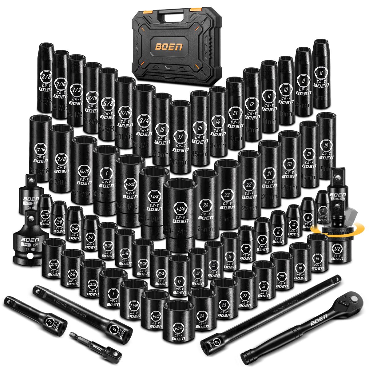 Photo 1 of **MAJOR DAMAGE**
**SEE CLERKNOTES**
**Partial Set**
BOEN 1/2" Drive Impact Socket Set, 72 Piece Standard SAE (5/16"-1-1/4") & Metric (8-24 mm), Deep & Shallow Kit | Includes Ratchet Handle & Adapters | 3 ", 5", 10" Extension Bar