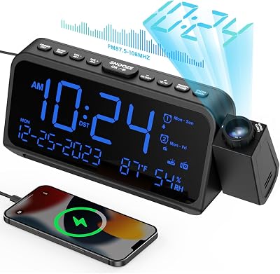 ROCAM Radio Alarm Clock Projector Ceiling Wall Digital USB C Temp Humidity
