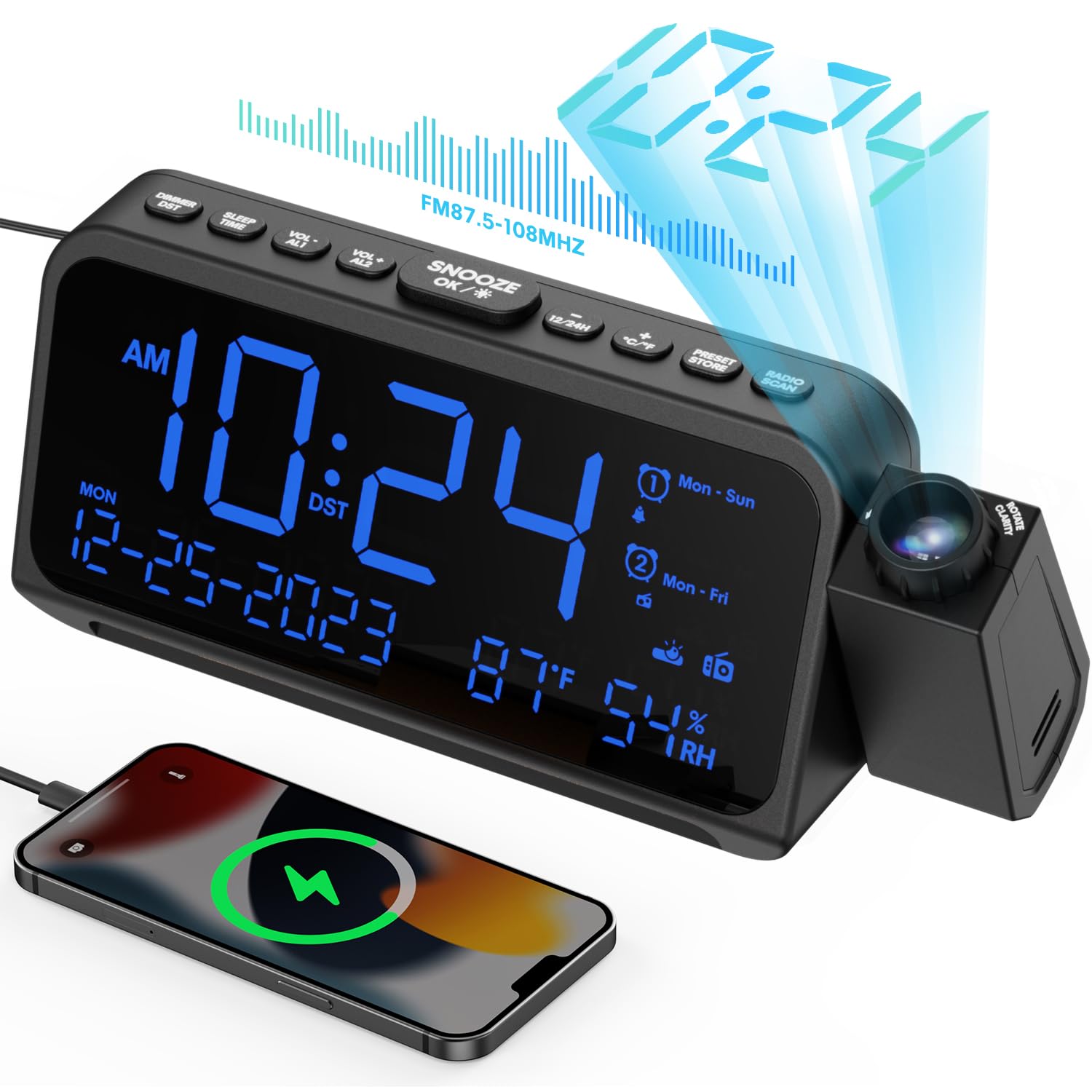 ROCAM Radio Alarm Clocks Bedside with Projection for Bedroom, Digital Clock with 180° Projector on Ceiling Wall, Dimmer, Temp, Humidity, USB & Type C Ports, Night Light, Weekend/Weekday Mode