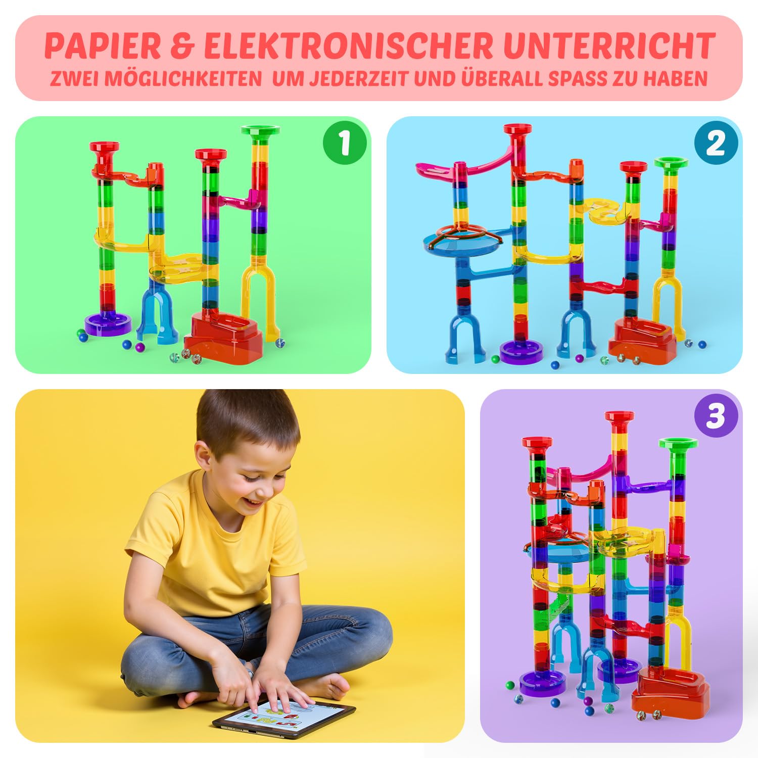 Murmelbahn Logikspiele Mehrfarbige kugelbahn 109 Stück transparent Bahnelementen und murmeln STEM Marble Rush Doppelspiel Spielzeug Geschenk für Kinder Jungen Mädchen ab 3-12 Jahre 5