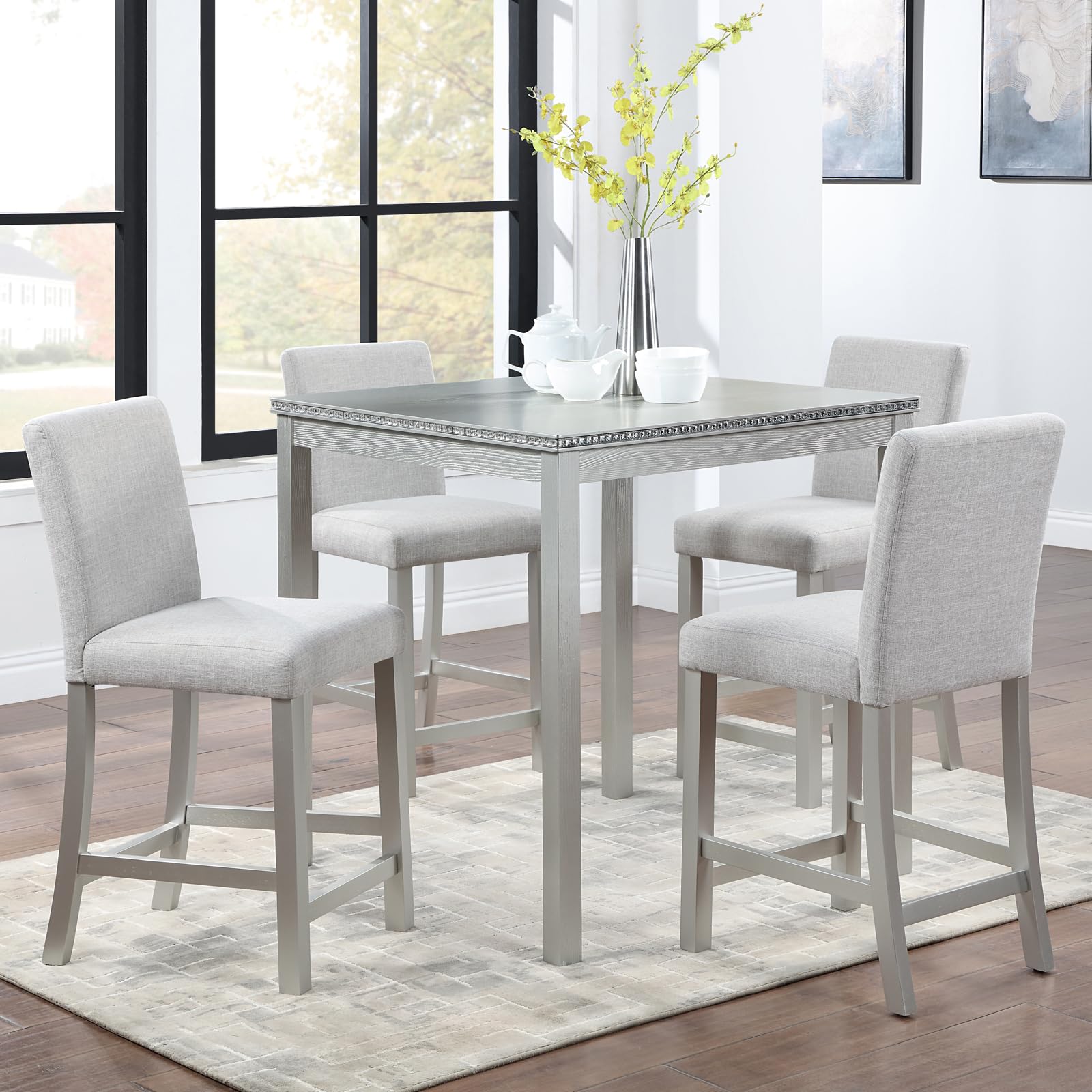 Photo 1 of KEIKI 5-Piece Counter Height Dining Table Set with Square Table and 4 Upholstered Chair, for 4 Person, Classic Crystal Decoration Wooden Table Set, Easy Assembly, for Kitchen, Dining Room, Silver Grey