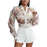 WDIRARA Women's Floral Mesh Sheer Button Down Blouse Long Sleeve Notch V Neck Shirt Ruffle Crop Top