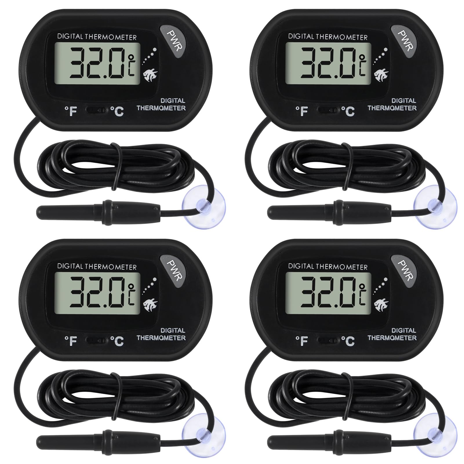 DORHEA 4Pcs Aquarium Thermometer, Digital LCD Display, Fahrenheit/Celsius, -50°C to +70°C, Waterproof Probe, Suitable for Aquarium, Terrarium, Vivarium
