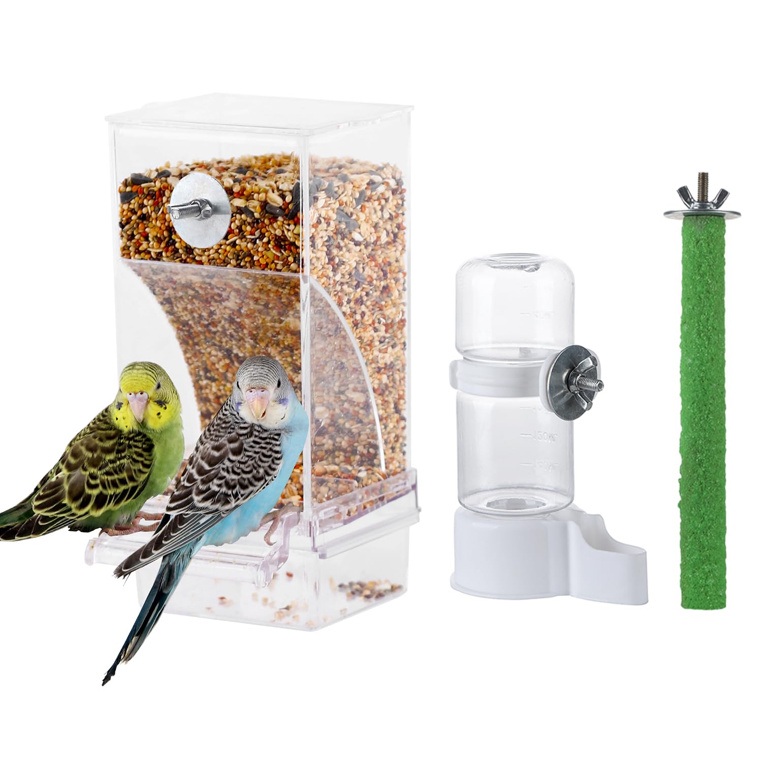 2-Pack No-Mess Bird Feeder Cups – Food & Water Bowls For Cockatiel, Finch, Lovebird, Budgie, Canary Cages – Blue & Clear With Quick-Release Clip