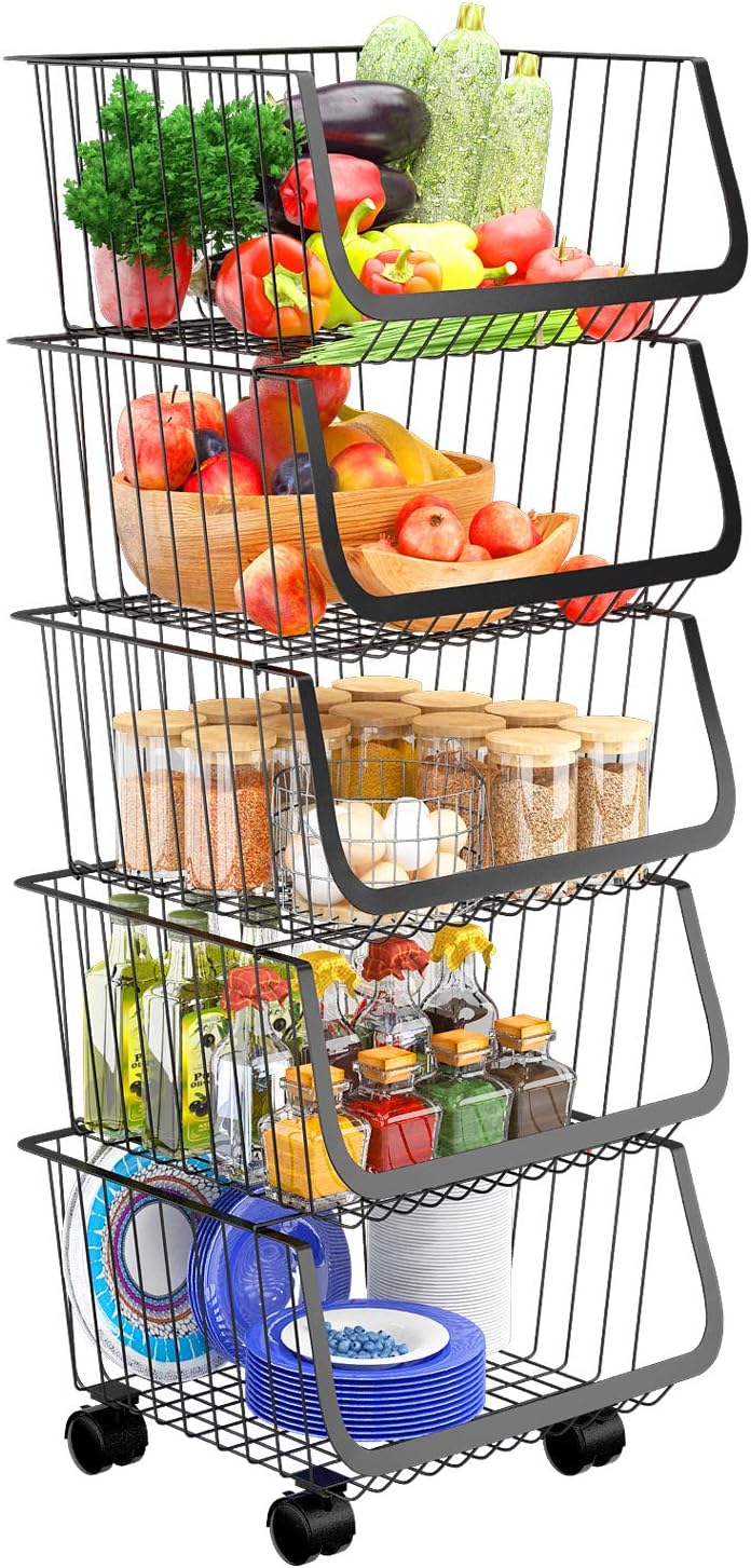 amazon storage baskets on Amazon Com Wire Storage Basket Metal Stackable Potato Onion Storage Bins Fruit Vegetable Baskets Stand With Wheels 5 Tier Rolling Cart Organizer For Kitchen Pantry Counter Floor With Fixed Foot Black Liner Kitchen