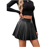 Floerns Women's Casual High Waisted Pu Leather Zip Up Pleated Hem Mini Skirt