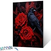 Tucocoo Red Rose and Raven DIY Paint by Number for Adults Beginners Delicate Flowers Painting by Number on Canvas with Brushes and Acrylic Pigment Dark Style Easy to Paint Without Frame 16 x 20inch